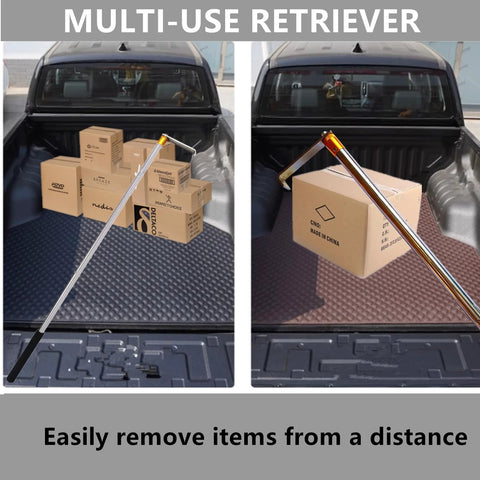 Cargo Grabber Reach Retriever Tool 30 to 75 Inch Adjustable Extensions with stainless steel hooks in pickup bed removing boxes