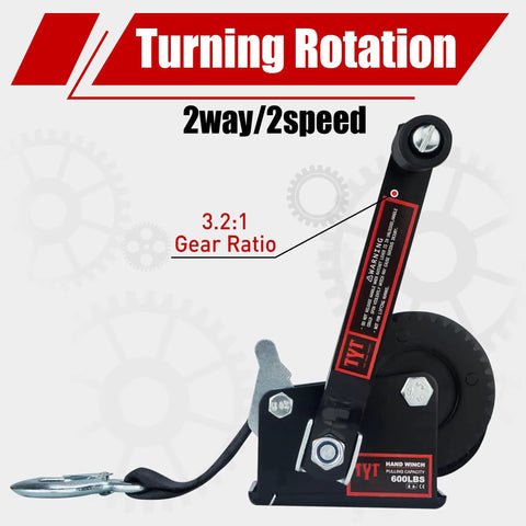 Heavy Duty 600 Lb Boat Trailer Winch With Black Polyester Strap Anti Slip Handle Hand Crank Two Way Ratchet Forward And Backward For ATV UTV Jet Ski Small Trailer showing turning rotation and gear ratio