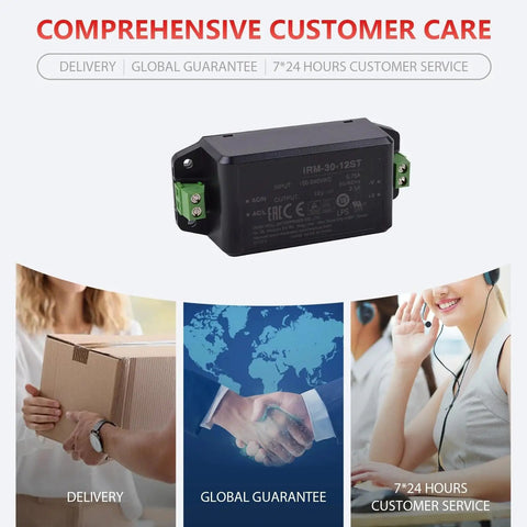 Workhorse 12 Volt 2.5 Amp 30 Watt Din Rail Power Supply with AC input, compact design, and customer service info.