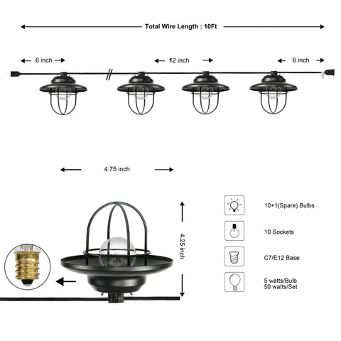 Diagram of 10 Foot Black Rustic Farmhouse LED String Lights for Patio With Metal Cage Shade Weatherproof Outdoor Hanging Lights