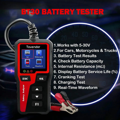 All In One Car Battery Tester 6V 12V 24V With Alternator And Load Testing Checks Battery Health For Lead Acid AGM GEL EFB And LiFePO4 With Voltage And Health Readouts Not Compatible With 48V Systems, handheld tester with clamps