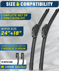 Premium Silicone Windshield Wiper Blades 24 And 18 Inch Set showing sizes and compatibility for J-Hook and U-Hook mounting.