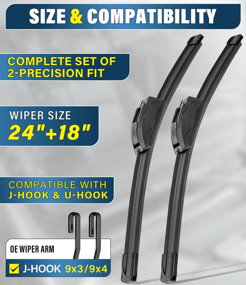 Premium Silicone Windshield Wiper Blades 24 And 18 Inch Set showing sizes and compatibility for J-Hook and U-Hook mounting.