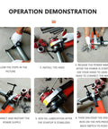 Portable Electric Pipe Threader Kit With Super Workhorse 2000 Watt Motor And Hardened Steel Dies For Easy One Half To Two Inch Cuts Plus Swap In Heads For Rock Solid Construction Work Built Tough And Ready To Roll operational steps demonstrating use on metal pipes.
