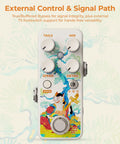 Front view of South Zoo Dope Voice Synth Pedal For Triple Voice Polyphonic Guitar Synthesis With Invert Pitch Follow Freeze Textures Lo-Fi Glitch And Wild Experimental Animal Sound Effects Shifter, showing control knobs and colorful design.