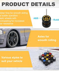 Four Pack 1 64 Scale Wheel And Tire Set For RC Diecast Cars featuring rubber tires, axles, and various six spoke rims.