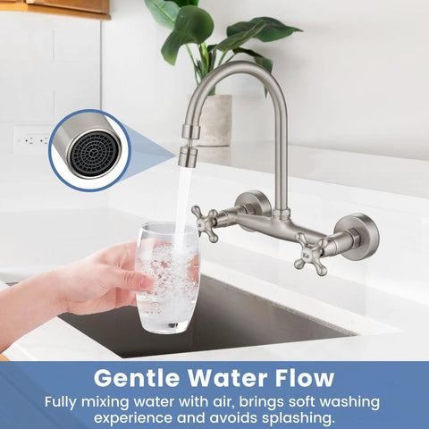 Wall Mount Kitchen Faucet With Sprayer And 360 Degree Swivel Spout Double Cross Handles Commercial Grade 8 Inch Center Brushed Nickel Finish Solid Brass Construction Heavy Duty Kitchen Sink Mixer Tap shown dispensing water into a glass