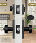 Matte Black Exterior Door Knob And Deadbolt Set with square design, shown installed on a door with interior and exterior views.