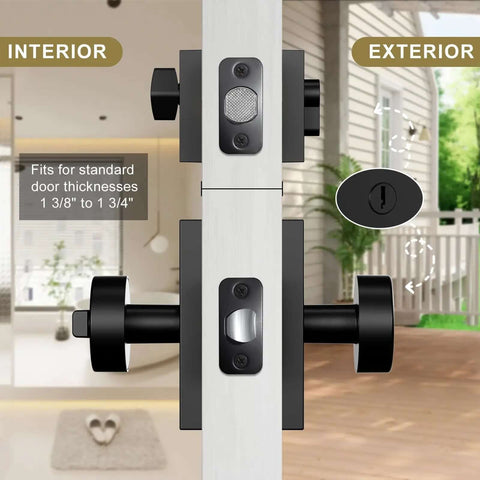 Matte Black Exterior Door Knob And Deadbolt Set with square design, shown installed on a door with interior and exterior views.