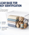 Super Spacious 58 Quart Clear Storage Bins With Easy Snap Lids Heavy Duty Stackable Plastic Organizer Boxes For Closet And Pantry Total Game Changer Vibe with toys and blankets neatly arranged inside.
