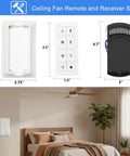 Smart WiFi Ceiling Fan Remote Kit With Light Dimmer And 3 Speed Settings in living room setup and component dimensions shown.