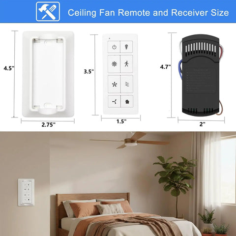 Smart WiFi Ceiling Fan Remote Kit With Light Dimmer And 3 Speed Settings in living room setup and component dimensions shown.