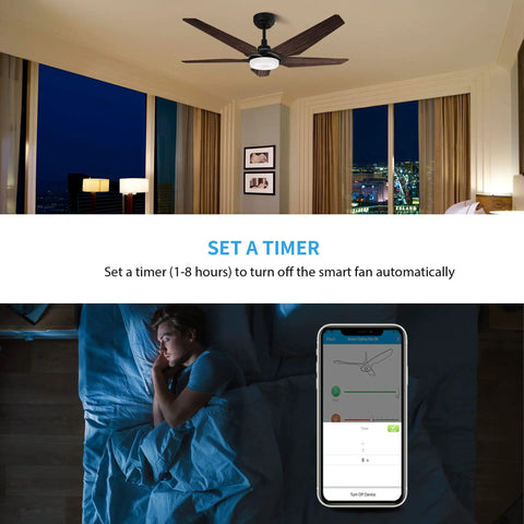 Bedroom with 52 Inch Smart Ceiling Fan With Light And 5 Blades Low Profile Design 10 Speed DC Motor Delivers Strong Airflow Up To 4120 CFM.