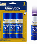 Product packaging showing Purple Glue Sticks 22g Pack Of 3 For Office And School Projects Goes On Purple Dries Clear.