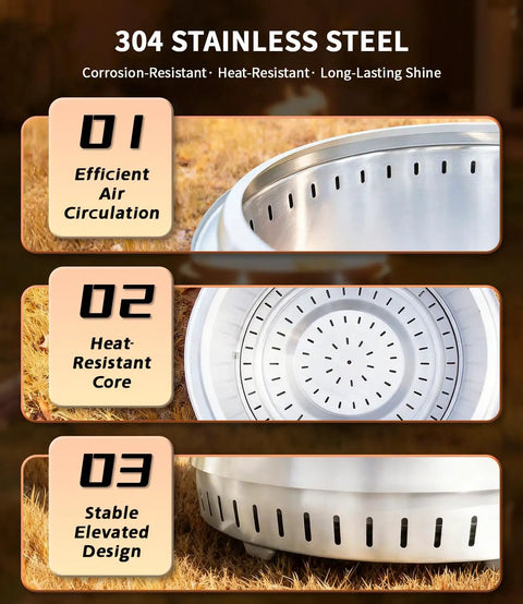 304 stainless steel smokeless 21 inch fire pit with dual airflow, showing air circulation, heat-resistant core, stable elevated design