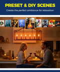 Couple dining under E12 Smart LED Bulbs 60W Equivalent Candle And Candelabra RGBCW 500 Lumen, ambiance scenes displayed.