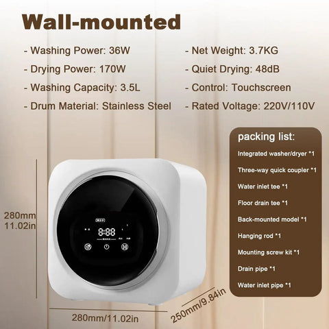 Slick Compact Portable Washer Dryer Combo Built For Tiny Rooms With Smart Touchscreen Control, wall-mounted design with stainless steel drum.