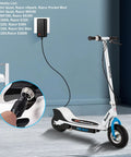24V Electric Scooter Charger For A Wide Range Of Models Including MX350 E100 E125 E150 E175 E200 E200S E300 E300S E500 Pocket Mod Sports Mod And Dirt Quad, Compact AC Charger With 100V-240V Input For Fast Safe Recharging At Home Or On The Go, charging a white Razor E300 scooter indoors.