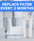 Close-up of Standard Replacement Water Filters Pack Of 8 For Water Pitchers And Dispensers, White, next to a glass pitcher