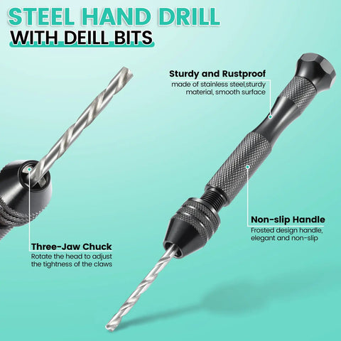 Steel hand drill with precision bits, sturdy stainless steel, non-slip handle for Top Shelf Hand Drill Set For Resin Crafts With 10 Precision Bits And 600 Eye Screws Plus 15 Keychain Rings Easy Pin Vise Kit For Epoxy Jewelry Making And No Sweat Diy Projects.