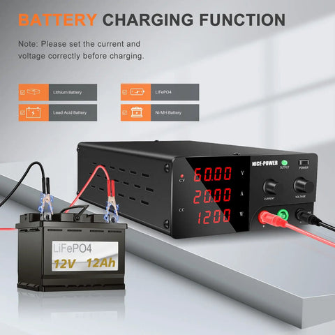 High Power DC Bench Power Supply 0-60V 0-20A 1200W With Encoder Knob And Output Switch Adjustable Regulated For Repair And Test Benchtop Power Source Black, charging LiFePO4 battery