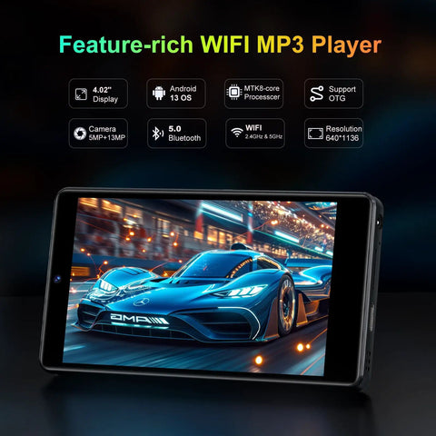 4-inch touchscreen display of 32GB MP3 Player With Bluetooth And Camera Android 13 Music And Video Player showing racing game