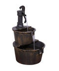 Rustic Two Tier Barrel Outdoor Water Fountain With Chill Cascading Flow For Patio Yard Porch Or Landscape Bronze Finish 27 Inch Tall Easy Setup Garden Decor, front view with bronze finish and flowing water.