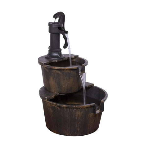 Rustic Two Tier Barrel Outdoor Water Fountain With Chill Cascading Flow For Patio Yard Porch Or Landscape Bronze Finish 27 Inch Tall Easy Setup Garden Decor, front view with bronze finish and flowing water.