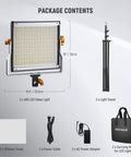 Package contents of Dimmable Bi Color LED Video Light Kit with 480 LEDs per light, tripod stand, diffuser, cables, and carrying bag.