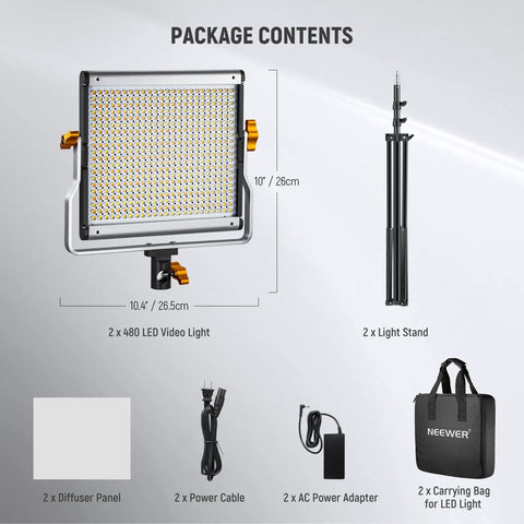 Package contents of Dimmable Bi Color LED Video Light Kit with 480 LEDs per light, tripod stand, diffuser, cables, and carrying bag.