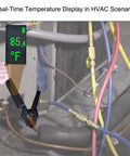 Clamp On Pipe Thermometer For HVAC Diagnostics Pro Grade With Backlit Digital Display and real-time temperature of 85.4°F on pipe