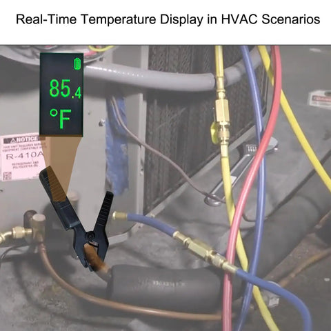 Clamp On Pipe Thermometer For HVAC Diagnostics Pro Grade With Backlit Digital Display and real-time temperature of 85.4°F on pipe