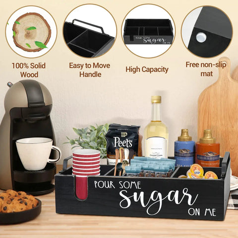 Farmhouse Coffee Bar Organizer For Countertop With Cup Holder And Pod Storage Basket Black Finish Five Compartment Coffee Station For Syrup Bottle Holder Pods And Accessories displayed with coffee pods and bottles.