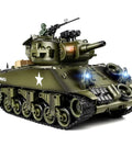 Front view of 1 18th Scale RC Battle Tank With BB Shooting, Smoke And Lights, Realistic M4A3 Sherman Remote Control Army Toy