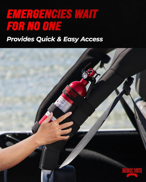 Jeep Fire Extinguisher Mount For Offroad Roll Bar Holder Badass Wrangler And Gladiator Accessory installed on roll cage.