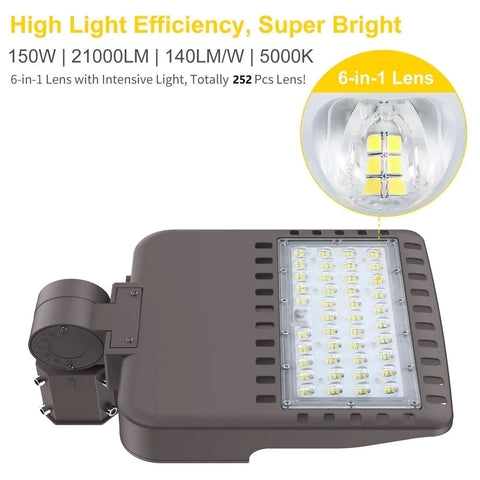 Beefy 150W LED Parking Lot Light 21000LM 140lm/W With Dusk-to-Dawn Photocell, IP66 ETL Certified, 6-in-1 Lens Detail
