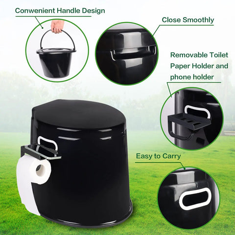 Go To Portable Camping Toilet With Detachable Inner Bucket And Removable Toilet Paper Holder Black Large One Piece