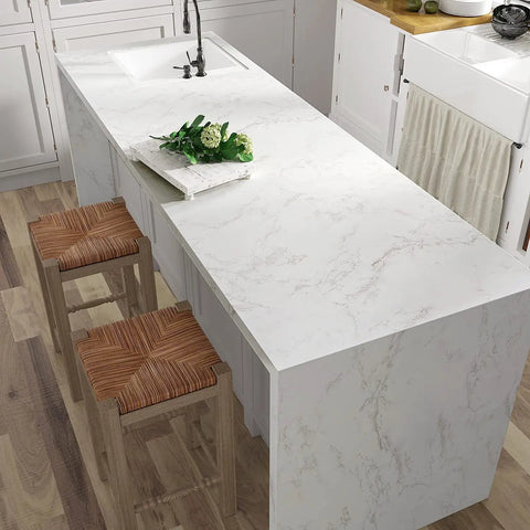White Gold Marble Matte Vinyl Contact Paper Peel And Stick Self Adhesive Wallpaper For Kitchen Countertops, island view