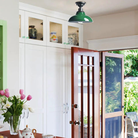 Industrial 12 Inch Semi Flush Mount Ceiling Light With Green Barn Style Lampshade And Gray Fixture in kitchen entryway.