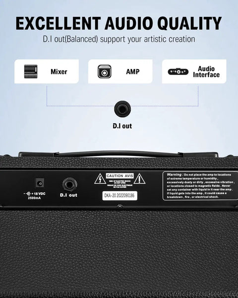 Back panel of 20 Watt Keyboard Amplifier With Dual 8 Inch Woofer And 2 Inch Tweeter AUX In And Two Channel Output featuring DI out