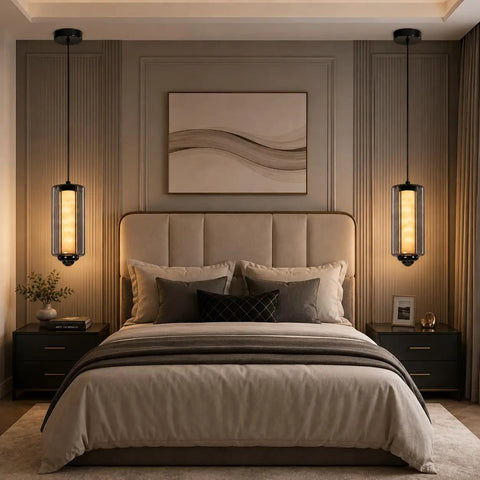Alabaster Pendant Lights, Smoky Gray Glass Pendant Light Fixtures in a modern bedroom above the bed.