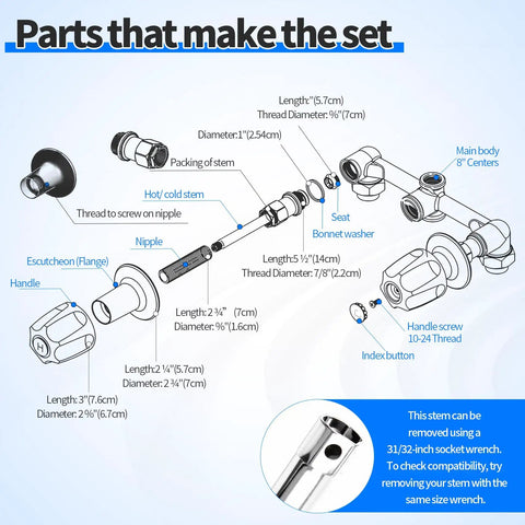 Three Handle Bathtub And Shower Remodel Kit For Verve Faucets with 12H-2H 12H-2C 12H-18D stems, labeled parts diagram