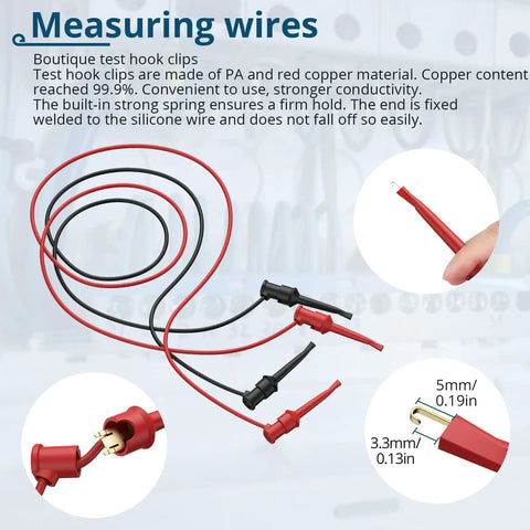 5 Pack Double Ended Mini Grabber Test Leads With 1M Length And 10A Heavy Duty Hook Clips shown in red and black wires