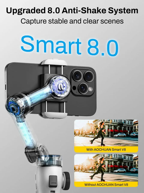 3 Axis Smartphone Gimbal Stabilizer For iPhone And Android With Bluetooth Remote Control Built In 7.8 Inch Extendable Rod Face Tracking Smooth Cinematic Video For Vlogging And Travel Smart V8 Kit White with upgraded 8.0 anti-shake system