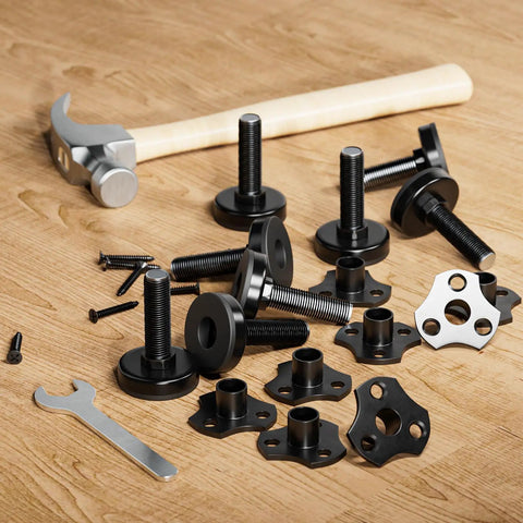 12 Pack Adjustable Leveling Feet With Large Base And T Nut Kit for tables showing components including screws and wrench
