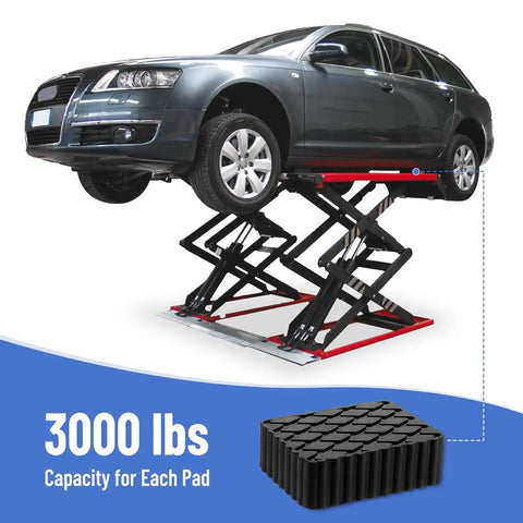 Racewill Solid Rubber Auto Lift Pads For 4 Post Car Aligners Heavy Duty 3000 Lb Capacity supporting a raised SUV on a lift.