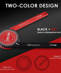 Precision Laser Etched 8.7 Inch Miter Saw Protractor And Heavy Duty Angle Finder For Inside Outside Corners Solid Anodized Aluminum Measuring Tool Foreman Approved Workhorse in black and red color design.