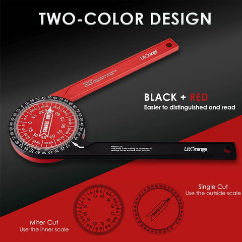 Precision Laser Etched 8.7 Inch Miter Saw Protractor And Heavy Duty Angle Finder For Inside Outside Corners Solid Anodized Aluminum Measuring Tool Foreman Approved Workhorse in black and red color design.