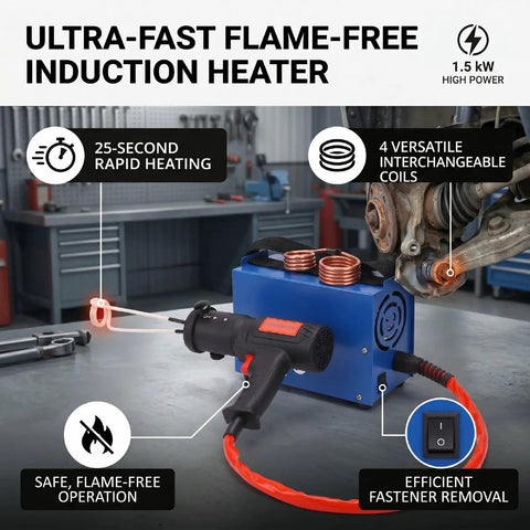 Heavy Duty 1500W Magnetic Induction Heater For Auto Repair with coiled connections and tool ready for rusted fastener removal.
