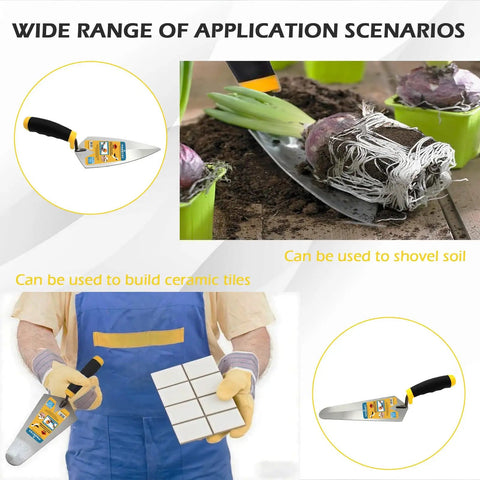 Image showing uses of Two Piece Masonry Trowel Set With Soft Non Slip Handles Includes 6 Inch Round And 6 Inch Pointed Trowels.
